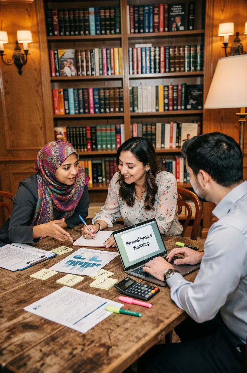 Tanulók jegyzetelnek egy személyes pénzügyi workshopon, figyelmesen hallgatva az oktatót.